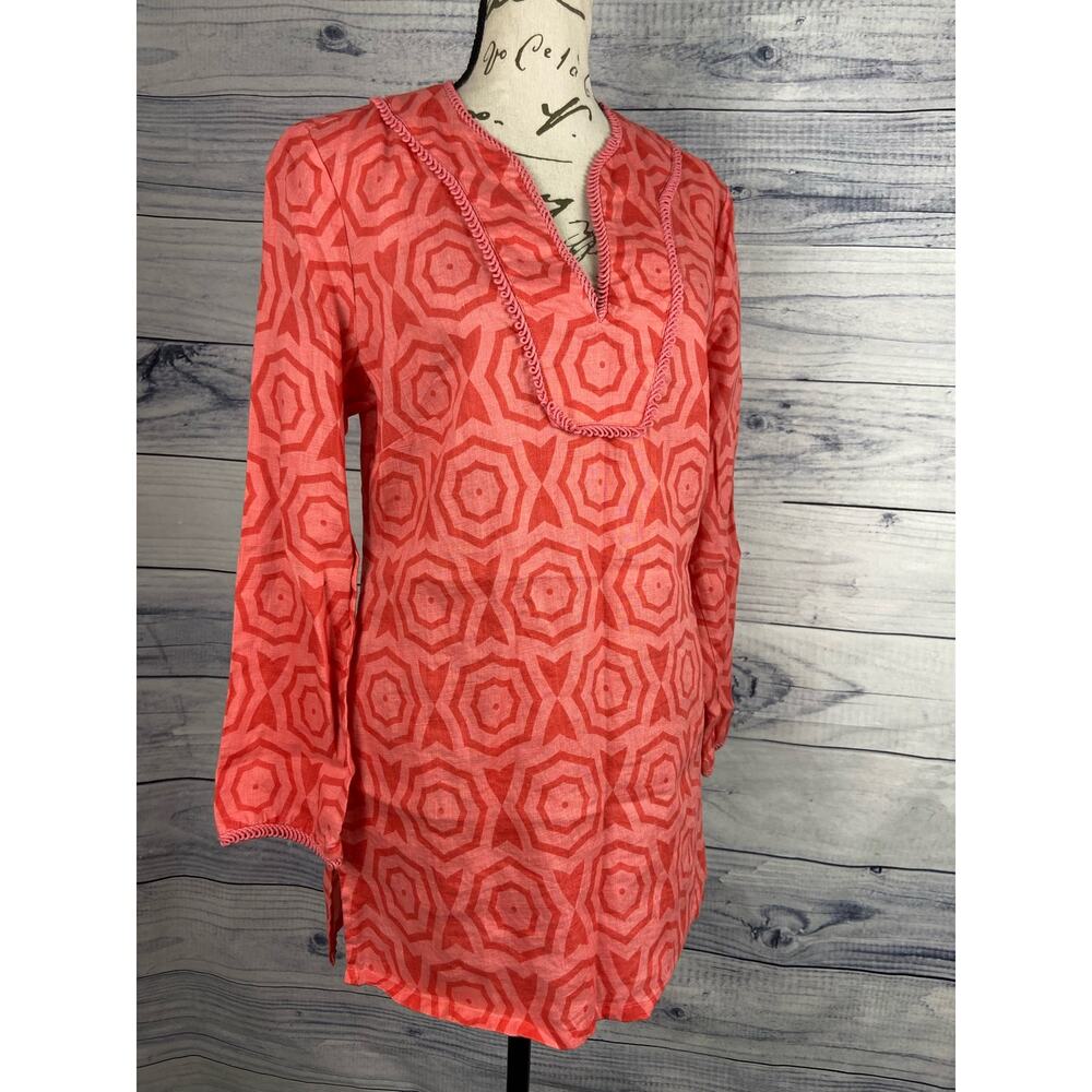 Sail To Sable Tunic Women S Coral Geometric V Neck Long Sleeve 100% Linen STS